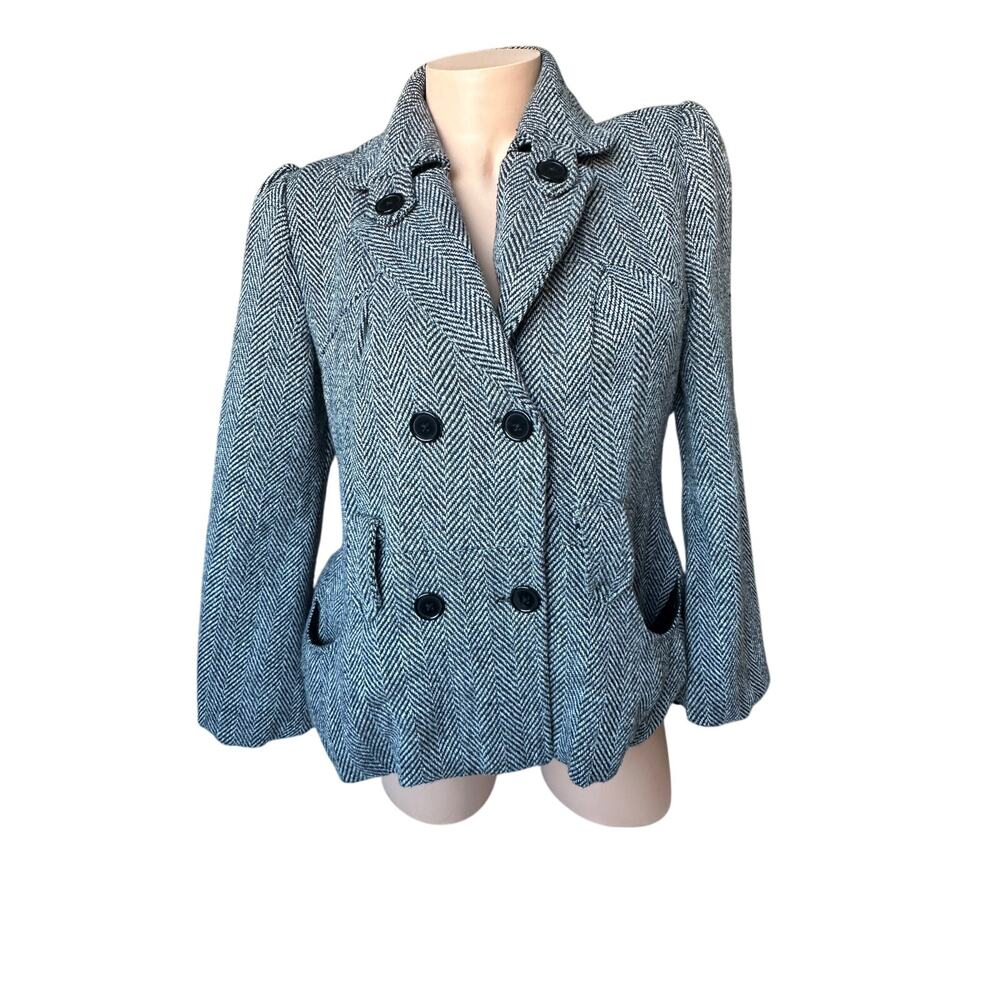 Angie Women’s size medium double-breasted pea coat black white herringbone